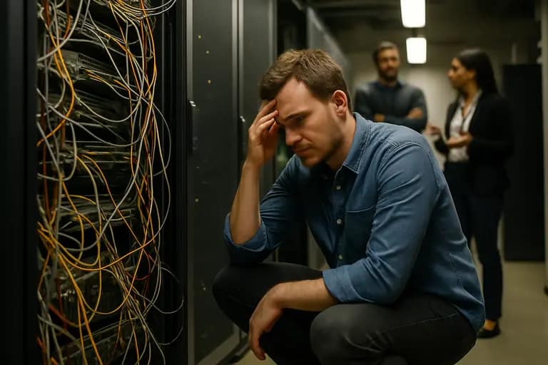 Engineer reviewing power delivery hardware beside a test server