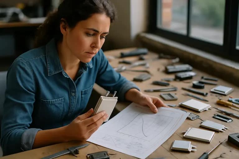 Engineers reviewing battery cell design data beside test equipment