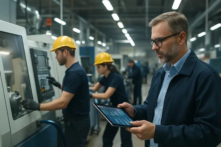 Manufacturing team discussing supply risk and process data beside equipment