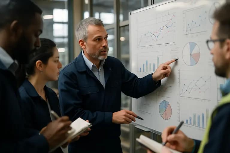 manufacturing team comparing test data on monitors near production equipment