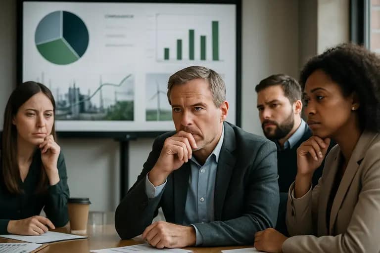 Manufacturing planners examining material flow diagrams at a conference table