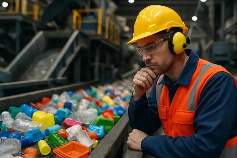 Sorted plastic packaging moving along a recycling facility conveyor
