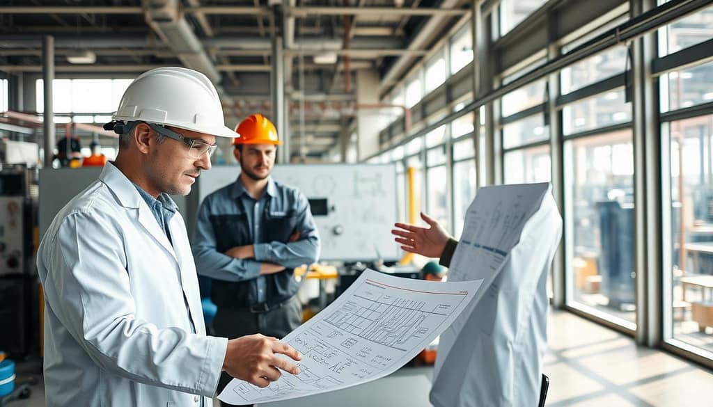 A bright and airy industrial consultation room, bathed in natural light streaming through large windows. In the foreground, an engineer in a crisp white lab coat and safety goggles leans over a detailed technical schematic, gesturing animatedly as they explain the intricacies to a plant manager in a hardhat. Behind them, a whiteboard displays complex engineering diagrams and equations. The middle ground features an array of state-of-the-art monitoring equipment and tools, while the background showcases the bustling factory floor visible through the windows, a hive of productive activity. The scene conveys a sense of collaborative problem-solving and expertise being shared to optimize industrial processes. A bright and airy industrial consultation room, bathed in natural light streaming through large windows. In the foreground, an engineer in a crisp white lab coat and safety goggles leans over a detailed technical schematic, gesturing animatedly as they explain the intricacies to a plant manager in a hardhat. Behind them, a whiteboard displays complex engineering diagrams and equations. The middle ground features an array of state-of-the-art monitoring equipment and tools, while the background showcases the bustling factory floor visible through the windows, a hive of productive activity. The scene conveys a sense of collaborative problem-solving and expertise being shared to optimize industrial processes.