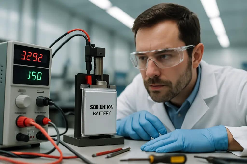 Technician reviewing sodium-ion batteries safety test data near battery modules