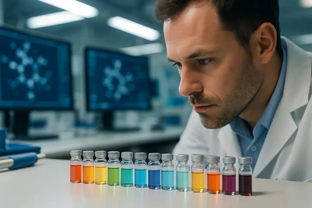 Researchers review solid-state electrolytes data on a lab workstation