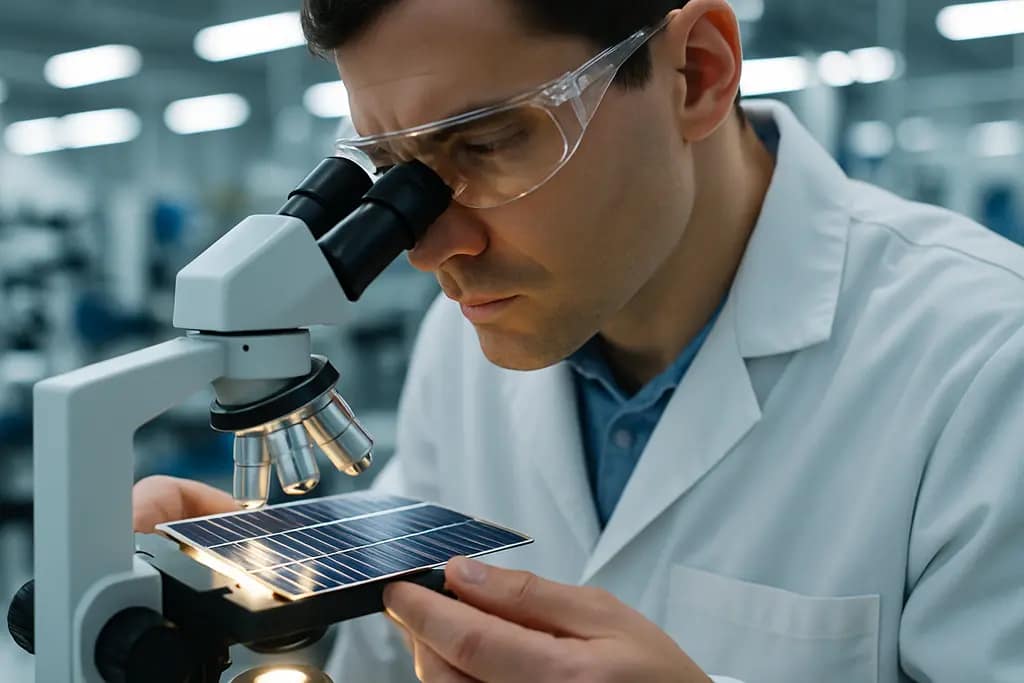 Engineers examining thin-film materials on coated solar glass in a pilot lab