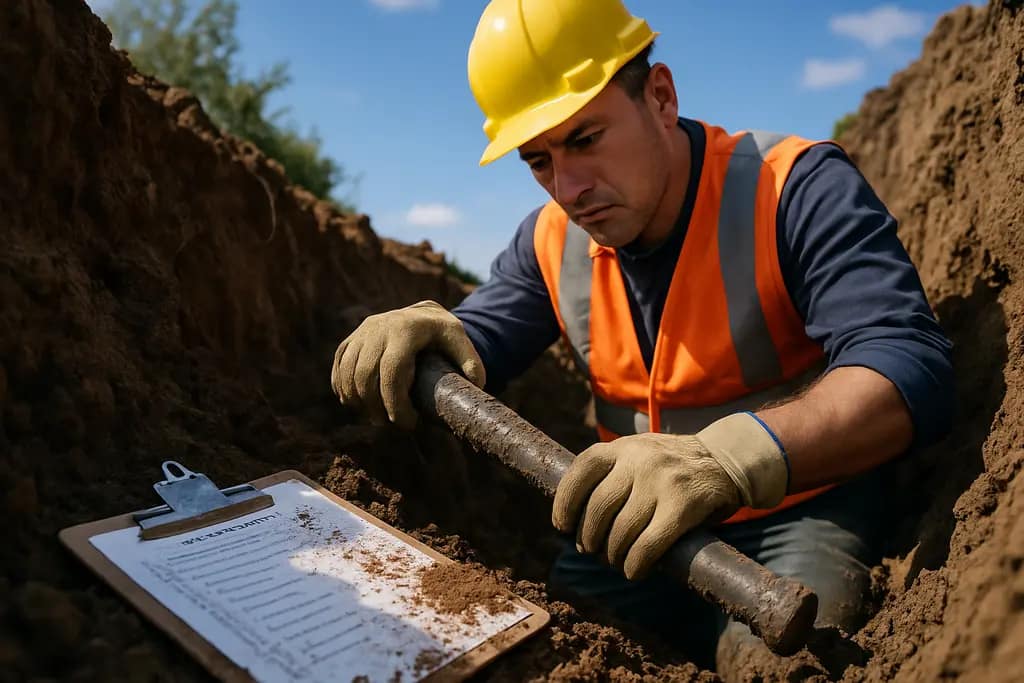 Utility worker checking a curb box for lead service lines near a residential street
