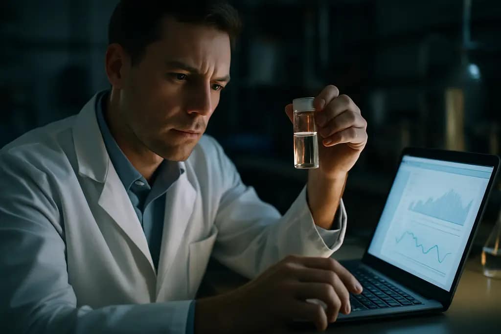 PFAS Drinking Water sampling bottles arranged beside a laboratory bench
