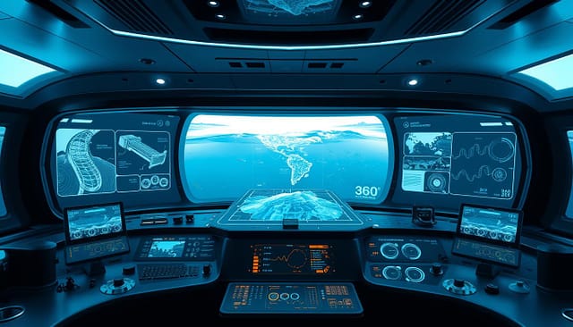 360-degree sonar engineering solution depicting a sleek, futuristic control panel with an array of holographic displays, interactive controls, and a central 3D projection of a detailed sonar map. The foreground showcases various sensor modules and advanced telemetry readouts, while the middle ground features a panoramic window revealing a vast, underwater environment. The background is bathed in a soft, blue-tinted lighting, creating a serene and high-tech ambiance. The scene conveys a sense of precision, innovation, and technological prowess, perfectly suited for a tailored engineering solution overview. 360-degree sonar engineering solution depicting a sleek, futuristic control panel with an array of holographic displays, interactive controls, and a central 3D projection of a detailed sonar map. The foreground showcases various sensor modules and advanced telemetry readouts, while the middle ground features a panoramic window revealing a vast, underwater environment. The background is bathed in a soft, blue-tinted lighting, creating a serene and high-tech ambiance. The scene conveys a sense of precision, innovation, and technological prowess, perfectly suited for a tailored engineering solution overview.