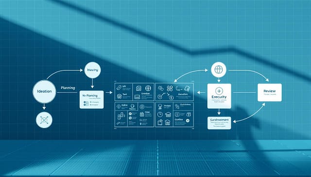 A detailed workflow diagram depicting the rapid-deployment project lifecycle. In the foreground, a series of interconnected nodes representing the key stages - ideation, planning, execution, and review. The nodes are connected by dynamic arrows, conveying the iterative nature of the process. In the middle ground, a grid of icons and infographic elements visualizing the specific tasks and milestones within each stage. The background features a subtle grid pattern, hinting at the structured, methodical approach. The entire scene is bathed in a cool, technological color palette, with a sense of efficiency and precision. Lighting is crisp and directional, casting sharp shadows to emphasize the architectural, engineering-inspired aesthetic. A detailed workflow diagram depicting the rapid-deployment project lifecycle. In the foreground, a series of interconnected nodes representing the key stages - ideation, planning, execution, and review. The nodes are connected by dynamic arrows, conveying the iterative nature of the process. In the middle ground, a grid of icons and infographic elements visualizing the specific tasks and milestones within each stage. The background features a subtle grid pattern, hinting at the structured, methodical approach. The entire scene is bathed in a cool, technological color palette, with a sense of efficiency and precision. Lighting is crisp and directional, casting sharp shadows to emphasize the architectural, engineering-inspired aesthetic.