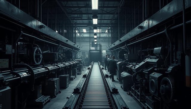 A dimly lit factory floor, machines whirring and gears grinding. In the center, a bottleneck process stands out, its complexity and inefficiencies apparent. Conveyor belts strain under the load, workers struggle to keep up with the pace. Shadows cast by overhead lighting create a sense of unease, highlighting the constraints and obstacles that hinder productivity. The mood is one of frustration and the need for change, captured in the gritty, industrial setting. A 50mm lens offers a close, immersive perspective, drawing the viewer into the heart of the problem, ready to explore solutions. A dimly lit factory floor, machines whirring and gears grinding. In the center, a bottleneck process stands out, its complexity and inefficiencies apparent. Conveyor belts strain under the load, workers struggle to keep up with the pace. Shadows cast by overhead lighting create a sense of unease, highlighting the constraints and obstacles that hinder productivity. The mood is one of frustration and the need for change, captured in the gritty, industrial setting. A 50mm lens offers a close, immersive perspective, drawing the viewer into the heart of the problem, ready to explore solutions.