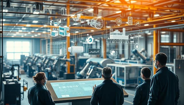 A modern industrial facility, bathed in warm, diffused lighting. In the foreground, a team of engineers gathers around a large touchscreen display, intently studying workflow automation processes. In the middle ground, 3D models and diagrams of complex machinery and control systems float in the air, interactive and responsive to the team's gestures. In the background, a vast array of high-tech equipment and sophisticated robotics silently operate, their movements choreographed by the automated systems being meticulously reviewed. An atmosphere of focused concentration and collaborative problem-solving pervades the scene, reflecting the 'Implementation and Staff Training' phase of a transformative automation project. A modern industrial facility, bathed in warm, diffused lighting. In the foreground, a team of engineers gathers around a large touchscreen display, intently studying workflow automation processes. In the middle ground, 3D models and diagrams of complex machinery and control systems float in the air, interactive and responsive to the team's gestures. In the background, a vast array of high-tech equipment and sophisticated robotics silently operate, their movements choreographed by the automated systems being meticulously reviewed. An atmosphere of focused concentration and collaborative problem-solving pervades the scene, reflecting the 'Implementation and Staff Training' phase of a transformative automation project.