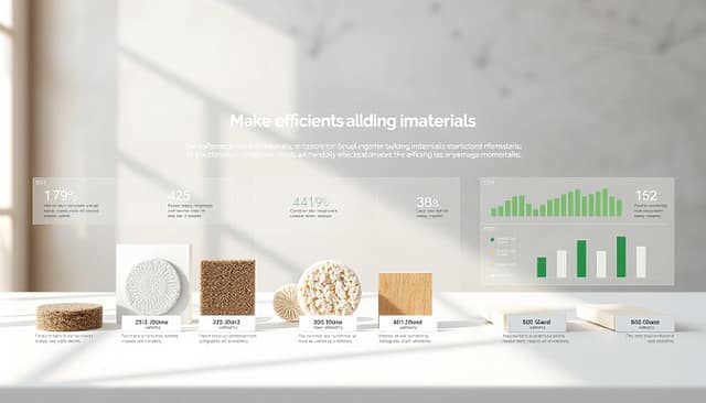 A modern, sleek infographic showcasing the comparative efficiency of eco-friendly building materials. In the foreground, pristine material samples arranged neatly on a minimalist white tabletop, with clear labels highlighting their key properties like recyclability, carbon footprint, and energy efficiency. The middle ground features abstract data visualizations and charts, conveying the quantitative advantages of sustainable options in an intuitive, visually compelling manner. The background is a softly blurred, neutral gray gradient, allowing the information to take center stage. Warm, natural lighting from an overhead source casts gentle shadows, emphasizing the tactile quality of the materials. The overall aesthetic is clean, modern, and educational, inviting the viewer to make informed decisions about sustainable design and construction. A modern, sleek infographic showcasing the comparative efficiency of eco-friendly building materials. In the foreground, pristine material samples arranged neatly on a minimalist white tabletop, with clear labels highlighting their key properties like recyclability, carbon footprint, and energy efficiency. The middle ground features abstract data visualizations and charts, conveying the quantitative advantages of sustainable options in an intuitive, visually compelling manner. The background is a softly blurred, neutral gray gradient, allowing the information to take center stage. Warm, natural lighting from an overhead source casts gentle shadows, emphasizing the tactile quality of the materials. The overall aesthetic is clean, modern, and educational, inviting the viewer to make informed decisions about sustainable design and construction.