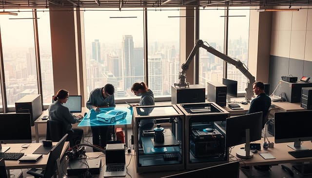 A sleek, modern engineering workspace filled with a flurry of activity. In the foreground, a team of engineers huddled around a holographic display, meticulously designing a new product prototype. Muted lighting casts a warm glow, accenting the clean lines of the desks and futuristic equipment. In the middle ground, a 3D printer rapidly assembles components, its robotic arm moving with precision. In the background, a large window offers a panoramic view of a bustling cityscape, conveying a sense of urban innovation. The overall atmosphere is one of focused efficiency, where the rapid deployment of custom engineering solutions is made possible through seamless collaboration and advanced technologies. A sleek, modern engineering workspace filled with a flurry of activity. In the foreground, a team of engineers huddled around a holographic display, meticulously designing a new product prototype. Muted lighting casts a warm glow, accenting the clean lines of the desks and futuristic equipment. In the middle ground, a 3D printer rapidly assembles components, its robotic arm moving with precision. In the background, a large window offers a panoramic view of a bustling cityscape, conveying a sense of urban innovation. The overall atmosphere is one of focused efficiency, where the rapid deployment of custom engineering solutions is made possible through seamless collaboration and advanced technologies.