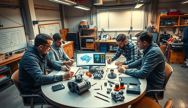 A team of engineers collaborating on a complex engineering process, focused on designing and prototyping a custom automotive solution. The foreground features a round table with engineers engaged in intense discussion, sketching diagrams and exchanging ideas. The middle ground showcases 3D CAD models, simulation software, and physical prototypes on the table, while the background depicts a well-equipped workshop with various tools and equipment. Warm, focused lighting illuminates the scene, creating an atmosphere of creative problem-solving and technological innovation. The overall composition conveys a sense of dynamic, collaborative workflow towards a custom engineering solution. A team of engineers collaborating on a complex engineering process, focused on designing and prototyping a custom automotive solution. The foreground features a round table with engineers engaged in intense discussion, sketching diagrams and exchanging ideas. The middle ground showcases 3D CAD models, simulation software, and physical prototypes on the table, while the background depicts a well-equipped workshop with various tools and equipment. Warm, focused lighting illuminates the scene, creating an atmosphere of creative problem-solving and technological innovation. The overall composition conveys a sense of dynamic, collaborative workflow towards a custom engineering solution.