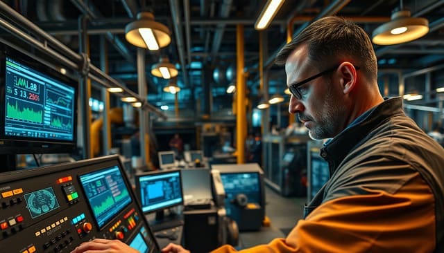 A well-lit, high-angle shot of a manufacturing facility's control room. The foreground features a technician closely examining a complex control panel, their face deep in concentration. The middle ground showcases a series of computer monitors displaying various production metrics and process data. In the background, the room is filled with an array of industrial machinery, piping, and equipment, creating a sense of the scale and complexity of the operation. The lighting is a mix of warm overhead lamps and the cool glow of the digital displays, casting dramatic shadows and highlights. The overall mood is one of intense focus and problem-solving, as the technician works to identify and resolve a critical production bottleneck. A well-lit, high-angle shot of a manufacturing facility's control room. The foreground features a technician closely examining a complex control panel, their face deep in concentration. The middle ground showcases a series of computer monitors displaying various production metrics and process data. In the background, the room is filled with an array of industrial machinery, piping, and equipment, creating a sense of the scale and complexity of the operation. The lighting is a mix of warm overhead lamps and the cool glow of the digital displays, casting dramatic shadows and highlights. The overall mood is one of intense focus and problem-solving, as the technician works to identify and resolve a critical production bottleneck.