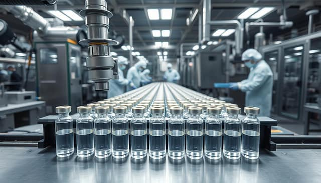 A well-lit, high-angle view of a vaccine vial capping assembly line. In the foreground, a precise robotic arm systematically applies and secures tamper-evident caps onto a row of clear glass vials filled with a shimmering liquid. The middle ground showcases the organized workflow, with workers in sterile garb monitoring the process and moving trays of capped vials onto a conveyor belt. The background reveals the clean, temperature-controlled environment of the pharmaceutical manufacturing facility, with gleaming stainless steel equipment and regulated lighting creating a sense of clinical efficiency. The overall scene conveys the meticulous, high-precision nature of the vaccine production process. A well-lit, high-angle view of a vaccine vial capping assembly line. In the foreground, a precise robotic arm systematically applies and secures tamper-evident caps onto a row of clear glass vials filled with a shimmering liquid. The middle ground showcases the organized workflow, with workers in sterile garb monitoring the process and moving trays of capped vials onto a conveyor belt. The background reveals the clean, temperature-controlled environment of the pharmaceutical manufacturing facility, with gleaming stainless steel equipment and regulated lighting creating a sense of clinical efficiency. The overall scene conveys the meticulous, high-precision nature of the vaccine production process.
