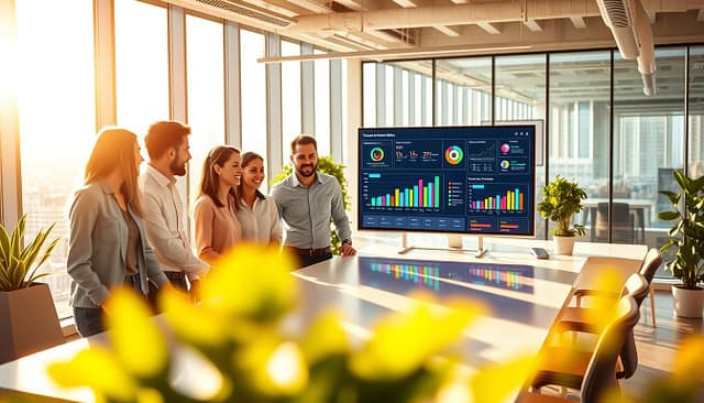 Automation Success Stories: A vibrant office setting, bathed in warm, natural lighting. In the foreground, a group of smiling colleagues gather around a sleek, minimalist desk, discussing the results of their custom workflow automation solutions. Midground features a large monitor displaying colorful graphs and visualizations, highlighting the measurable impact of their technological innovations. The background showcases a modern, open-concept workspace with floor-to-ceiling windows, overlooking a bustling cityscape. The overall atmosphere conveys a sense of accomplishment, collaboration, and technological prowess. Automation Success Stories: A vibrant office setting, bathed in warm, natural lighting. In the foreground, a group of smiling colleagues gather around a sleek, minimalist desk, discussing the results of their custom workflow automation solutions. Midground features a large monitor displaying colorful graphs and visualizations, highlighting the measurable impact of their technological innovations. The background showcases a modern, open-concept workspace with floor-to-ceiling windows, overlooking a bustling cityscape. The overall atmosphere conveys a sense of accomplishment, collaboration, and technological prowess.