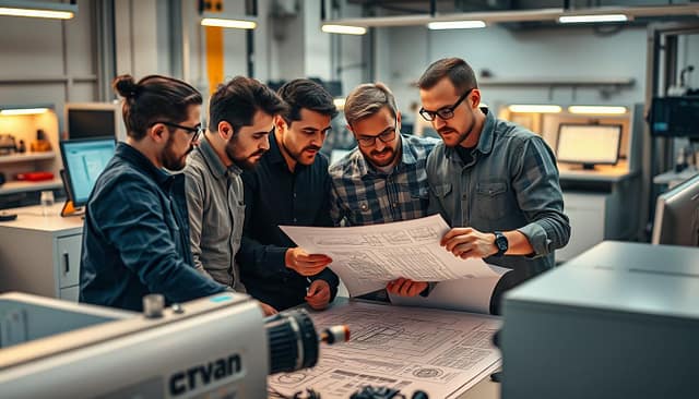 Collaborative Engineering Process: A team of skilled engineers huddled around a detailed blueprint, meticulously analyzing and discussing the intricacies of a complex mechanical system. Warm task lighting casts a focused glow, illuminating their concentrated expressions as they exchange ideas and problem-solve in a high-tech workspace. Sleek, modern workstations and state-of-the-art equipment surround them, creating an atmosphere of innovation and technological prowess. The scene conveys a sense of collaborative problem-solving, where diverse perspectives come together to implement a custom solution that will push the boundaries of what's possible. Collaborative Engineering Process: A team of skilled engineers huddled around a detailed blueprint, meticulously analyzing and discussing the intricacies of a complex mechanical system. Warm task lighting casts a focused glow, illuminating their concentrated expressions as they exchange ideas and problem-solve in a high-tech workspace. Sleek, modern workstations and state-of-the-art equipment surround them, creating an atmosphere of innovation and technological prowess. The scene conveys a sense of collaborative problem-solving, where diverse perspectives come together to implement a custom solution that will push the boundaries of what's possible.
