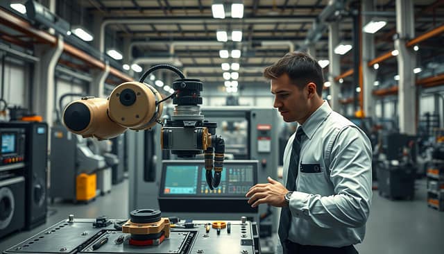 A detailed illustration of a machine upgrade implementation process in a modern industrial setting. In the foreground, an engineer in professional business attire inspects a robotic arm with various sensors and components. In the middle, you can see a high-tech control panel with digital displays and tools laid out neatly. In the background, an expansive workshop filled with custom machinery and advanced smart technology installations, illuminated by soft, ambient lighting to create a focused yet dynamic atmosphere. The scene is shot with a wide-angle lens to capture the depth of the environment, emphasizing the procedural steps of the implementation process, showcasing the integration of cutting-edge technology seamlessly blending into traditional machinery. A detailed illustration of a machine upgrade implementation process in a modern industrial setting. In the foreground, an engineer in professional business attire inspects a robotic arm with various sensors and components. In the middle, you can see a high-tech control panel with digital displays and tools laid out neatly. In the background, an expansive workshop filled with custom machinery and advanced smart technology installations, illuminated by soft, ambient lighting to create a focused yet dynamic atmosphere. The scene is shot with a wide-angle lens to capture the depth of the environment, emphasizing the procedural steps of the implementation process, showcasing the integration of cutting-edge technology seamlessly blending into traditional machinery.
