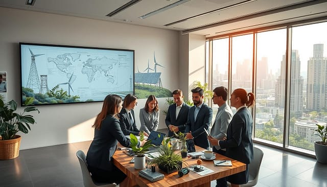 A futuristic engineering office bathed in soft, natural light, showcasing a large screen displaying engineering blueprints of sustainable projects. In the foreground, a diverse group of professionals in smart business attire is engaged in a discussion around a table made from recycled materials. They are surrounded by green plants and innovative prototypes, symbolizing eco-friendly design. The middle layer features a wall adorned with inspiring images of renewable energy sources like solar panels and wind turbines. In the background, large windows reveal a vibrant cityscape with greenery integrated into urban architecture. The mood is collaborative and forward-thinking, reflecting the optimistic future of sustainable engineering solutions. Use a wide-angle lens to capture an immersive perspective, emphasizing the integration of nature and technology. A futuristic engineering office bathed in soft, natural light, showcasing a large screen displaying engineering blueprints of sustainable projects. In the foreground, a diverse group of professionals in smart business attire is engaged in a discussion around a table made from recycled materials. They are surrounded by green plants and innovative prototypes, symbolizing eco-friendly design. The middle layer features a wall adorned with inspiring images of renewable energy sources like solar panels and wind turbines. In the background, large windows reveal a vibrant cityscape with greenery integrated into urban architecture. The mood is collaborative and forward-thinking, reflecting the optimistic future of sustainable engineering solutions. Use a wide-angle lens to capture an immersive perspective, emphasizing the integration of nature and technology.