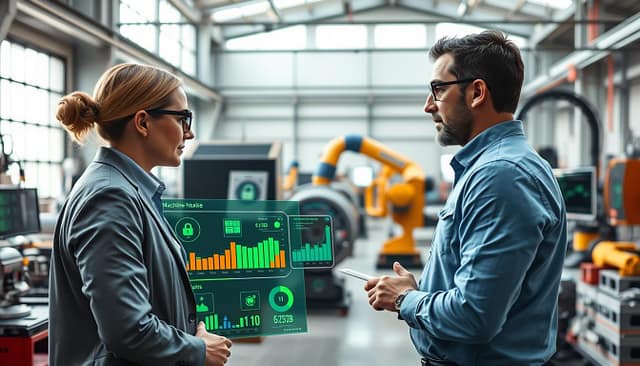 A futuristic workshop scene illustrating the implementation of predictive maintenance for machine health. In the foreground, a diverse group of three professionals in business attire focuses on a digital dashboard displaying real-time machine data and analytics, showcasing charts and alerts. In the middle, various industrial machines are interconnected with sensors, emitting soft green glows to indicate operational status. The background reveals a large workshop with advanced technology, such as robotic arms and monitoring screens. Bright, natural daylight streams through large windows, creating a sense of optimism and innovation. Utilize a wide-angle lens to capture the depth of the space, enhancing a collaborative atmosphere focused on advanced technological solutions for reducing downtime. A futuristic workshop scene illustrating the implementation of predictive maintenance for machine health. In the foreground, a diverse group of three professionals in business attire focuses on a digital dashboard displaying real-time machine data and analytics, showcasing charts and alerts. In the middle, various industrial machines are interconnected with sensors, emitting soft green glows to indicate operational status. The background reveals a large workshop with advanced technology, such as robotic arms and monitoring screens. Bright, natural daylight streams through large windows, creating a sense of optimism and innovation. Utilize a wide-angle lens to capture the depth of the space, enhancing a collaborative atmosphere focused on advanced technological solutions for reducing downtime.