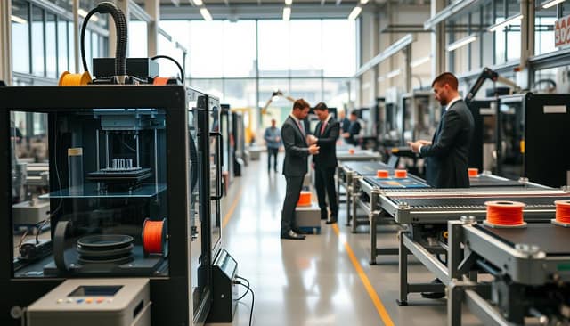 A high-tech factory floor showcasing the integration of 3D printing into existing manufacturing lines. In the foreground, a sleek, modern 3D printer, with intricate machinery and vibrant spools of filament. Technicians in professional business attire, focused and collaborating, stand nearby, inspecting printed components. The middle-ground illustrates an automated assembly line, smoothly operating with robotic arms and conveyor belts, seamlessly working alongside the 3D printer. The background features large windows, allowing natural light to flood the space, highlighting the clean and efficient environment. A slight depth of field creates a soft blur in the background, emphasizing the action in the foreground. The atmosphere is innovative and energetic, showcasing a harmonious blend of traditional and additive manufacturing techniques in a future-ready workspace. A high-tech factory floor showcasing the integration of 3D printing into existing manufacturing lines. In the foreground, a sleek, modern 3D printer, with intricate machinery and vibrant spools of filament. Technicians in professional business attire, focused and collaborating, stand nearby, inspecting printed components. The middle-ground illustrates an automated assembly line, smoothly operating with robotic arms and conveyor belts, seamlessly working alongside the 3D printer. The background features large windows, allowing natural light to flood the space, highlighting the clean and efficient environment. A slight depth of field creates a soft blur in the background, emphasizing the action in the foreground. The atmosphere is innovative and energetic, showcasing a harmonious blend of traditional and additive manufacturing techniques in a future-ready workspace.