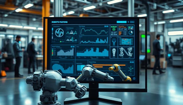 A high-tech robotics design simulation interface displayed on a sleek, modern monitor in an industrial workspace. In the foreground, intricate 3D models of robotic arms and components are rendered in vivid detail, featuring various textures and materials. The middle layer includes a digital dashboard filled with technical graphs, schematics, and a timeline for prototyping phases, all illuminated by subtle blue and green LED lighting. In the background, blurred silhouettes of engineers in professional attire collaborate and interact with advanced machinery. The atmosphere is focused and innovative, with an emphasis on the fusion of design and technology, captured from a slightly elevated angle to showcase the depth of the workspace. The overall mood evokes creativity, precision, and forward-thinking in robotics engineering. A high-tech robotics design simulation interface displayed on a sleek, modern monitor in an industrial workspace. In the foreground, intricate 3D models of robotic arms and components are rendered in vivid detail, featuring various textures and materials. The middle layer includes a digital dashboard filled with technical graphs, schematics, and a timeline for prototyping phases, all illuminated by subtle blue and green LED lighting. In the background, blurred silhouettes of engineers in professional attire collaborate and interact with advanced machinery. The atmosphere is focused and innovative, with an emphasis on the fusion of design and technology, captured from a slightly elevated angle to showcase the depth of the workspace. The overall mood evokes creativity, precision, and forward-thinking in robotics engineering.