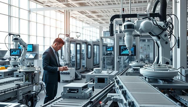 A modern advanced manufacturing facility showcasing innovative processes in the foreground. Focus on high-tech machinery, robotic arms assembling components, and conveyor belts transporting advanced materials. Skilled workers in professional business attire, meticulously overseeing the operations, bring a sense of expertise and precision. In the middle ground, intricate machinery displays real-time analytics on digital screens, highlighting the integration of AI and automation in production. The background features a sleek, spacious workspace with large windows allowing natural light to flood in, creating a bright and optimistic atmosphere. Capture the dynamism of the environment with angles that emphasize depth and scale, using soft, diffused lighting to enhance the futuristic feel while maintaining a realistic tone. A modern advanced manufacturing facility showcasing innovative processes in the foreground. Focus on high-tech machinery, robotic arms assembling components, and conveyor belts transporting advanced materials. Skilled workers in professional business attire, meticulously overseeing the operations, bring a sense of expertise and precision. In the middle ground, intricate machinery displays real-time analytics on digital screens, highlighting the integration of AI and automation in production. The background features a sleek, spacious workspace with large windows allowing natural light to flood in, creating a bright and optimistic atmosphere. Capture the dynamism of the environment with angles that emphasize depth and scale, using soft, diffused lighting to enhance the futuristic feel while maintaining a realistic tone.