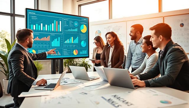 A modern data analytics team engaged in collaborative discussion around a large digital screen displaying real-time data visualizations. In the foreground, two professionals in smart casual clothing, one pointing at important charts, while the other notes insights on a tablet. In the middle, a diverse group of three colleagues, including one woman and two men of different ethnicities, deeply focused on exchanging ideas, surrounded by laptops and data reports scattered on a conference table. The background shows a bright, contemporary office space with large windows letting in natural light, green plants, and whiteboards filled with diagrams. The atmosphere is energetic and innovative, emphasizing teamwork and upskilling in data analytics. The scene is captured with a warm light effect, presenting a motivational and collaborative mood. A modern data analytics team engaged in collaborative discussion around a large digital screen displaying real-time data visualizations. In the foreground, two professionals in smart casual clothing, one pointing at important charts, while the other notes insights on a tablet. In the middle, a diverse group of three colleagues, including one woman and two men of different ethnicities, deeply focused on exchanging ideas, surrounded by laptops and data reports scattered on a conference table. The background shows a bright, contemporary office space with large windows letting in natural light, green plants, and whiteboards filled with diagrams. The atmosphere is energetic and innovative, emphasizing teamwork and upskilling in data analytics. The scene is captured with a warm light effect, presenting a motivational and collaborative mood.