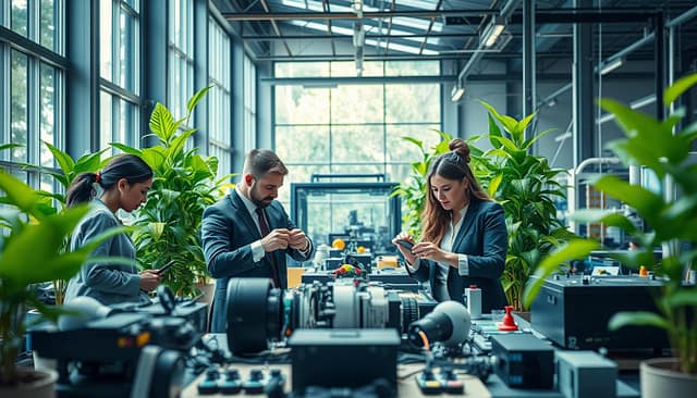 A modern green manufacturing facility, showcasing reverse engineering processes in action. In the foreground, a diverse team of professionals in smart business attire examines an intricate product disassembly, focusing on eco-friendly materials. The middle ground features advanced machinery designed for sustainable manufacturing, surrounded by luminous green plants that symbolize a commitment to sustainability. The background displays large windows letting in natural light, illuminating the workspace with a warm, inviting glow. The scene is vibrant, emphasizing a harmonious blend of technology and nature. The camera angle is slightly elevated, capturing both the detailed activity at the workbench and the expansive, eco-conscious architecture of the facility, creating an optimistic and innovative atmosphere. A modern green manufacturing facility, showcasing reverse engineering processes in action. In the foreground, a diverse team of professionals in smart business attire examines an intricate product disassembly, focusing on eco-friendly materials. The middle ground features advanced machinery designed for sustainable manufacturing, surrounded by luminous green plants that symbolize a commitment to sustainability. The background displays large windows letting in natural light, illuminating the workspace with a warm, inviting glow. The scene is vibrant, emphasizing a harmonious blend of technology and nature. The camera angle is slightly elevated, capturing both the detailed activity at the workbench and the expansive, eco-conscious architecture of the facility, creating an optimistic and innovative atmosphere.