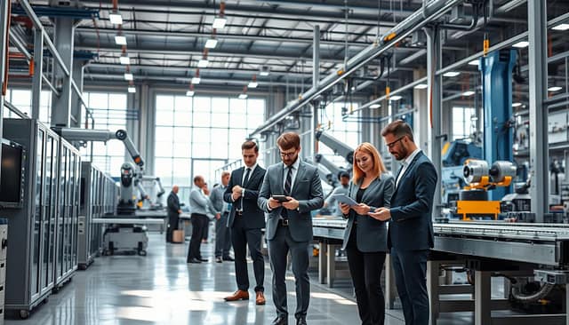A modern industrial automation setup in a factory environment showcasing a bustling assembly line. In the foreground, a diverse group of professionals dressed in business attire, analyzing data on tablets and discussing workflow improvements. The middle ground features advanced robotic arms and automated conveyor belts working seamlessly in harmony, highlighting the efficiency of modern engineering. The background reveals large windows allowing natural light to flood the space, casting soft shadows on the polished concrete floor. The atmosphere is dynamic and focused, with a color palette of blue and gray conveying a sense of innovation and technology. The scene is captured from a low angle, emphasizing the scale of the machinery and the collaboration of the team. The lighting is bright, enhancing the clarity of the equipment and the energy of the workspace. A modern industrial automation setup in a factory environment showcasing a bustling assembly line. In the foreground, a diverse group of professionals dressed in business attire, analyzing data on tablets and discussing workflow improvements. The middle ground features advanced robotic arms and automated conveyor belts working seamlessly in harmony, highlighting the efficiency of modern engineering. The background reveals large windows allowing natural light to flood the space, casting soft shadows on the polished concrete floor. The atmosphere is dynamic and focused, with a color palette of blue and gray conveying a sense of innovation and technology. The scene is captured from a low angle, emphasizing the scale of the machinery and the collaboration of the team. The lighting is bright, enhancing the clarity of the equipment and the energy of the workspace.