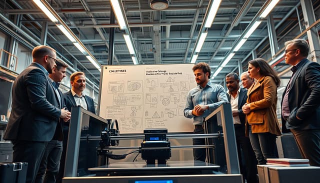 A modern industrial setting depicting a team of diverse engineers in professional attire, engaged in a collaborative discussion around a large 3D printer in the foreground. The printer features intricate designs and advanced technology, showcasing potential issues like warping and material defects. In the middle ground, a whiteboard filled with technical diagrams and notes about additive manufacturing challenges stands prominently. The background reveals a sleek manufacturing environment with bright fluorescent lighting, emphasizing a sense of urgency and innovation. The atmosphere is a mix of tension and hope, with warm tones highlighting the engineers' focus. The angle is slightly low, providing a dynamic perspective that draws the viewer into the challenges faced in additive manufacturing. A modern industrial setting depicting a team of diverse engineers in professional attire, engaged in a collaborative discussion around a large 3D printer in the foreground. The printer features intricate designs and advanced technology, showcasing potential issues like warping and material defects. In the middle ground, a whiteboard filled with technical diagrams and notes about additive manufacturing challenges stands prominently. The background reveals a sleek manufacturing environment with bright fluorescent lighting, emphasizing a sense of urgency and innovation. The atmosphere is a mix of tension and hope, with warm tones highlighting the engineers' focus. The angle is slightly low, providing a dynamic perspective that draws the viewer into the challenges faced in additive manufacturing.