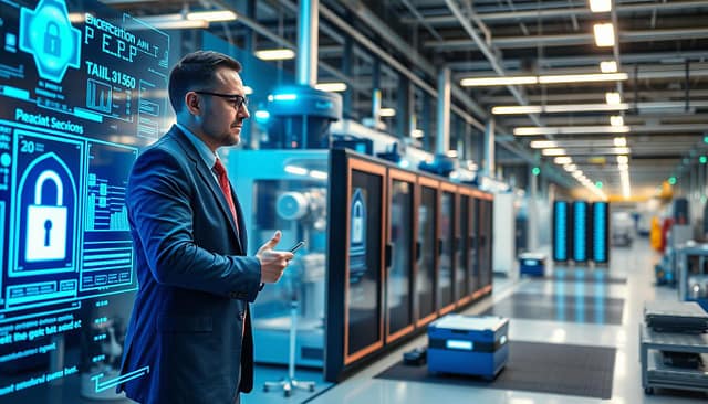 A modern manufacturing facility showcasing smart data security. In the foreground, a focused professional in business attire is interacting with a large digital touchscreen display, highlighting data encryption and security protocols. The middle ground features advanced machinery with glowing sensors and data streams visually representing real-time analytics. The background presents a sleek, high-tech manufacturing plant with interconnected machines and secure server racks. Soft blue and green lighting creates a futuristic atmosphere, emphasizing a sense of innovation and safety. The scene is captured from a slightly elevated angle, providing a comprehensive view of the interplay between technology and security in operations. The overall mood is one of efficiency, technology, and trust in data integrity. A modern manufacturing facility showcasing smart data security. In the foreground, a focused professional in business attire is interacting with a large digital touchscreen display, highlighting data encryption and security protocols. The middle ground features advanced machinery with glowing sensors and data streams visually representing real-time analytics. The background presents a sleek, high-tech manufacturing plant with interconnected machines and secure server racks. Soft blue and green lighting creates a futuristic atmosphere, emphasizing a sense of innovation and safety. The scene is captured from a slightly elevated angle, providing a comprehensive view of the interplay between technology and security in operations. The overall mood is one of efficiency, technology, and trust in data integrity.