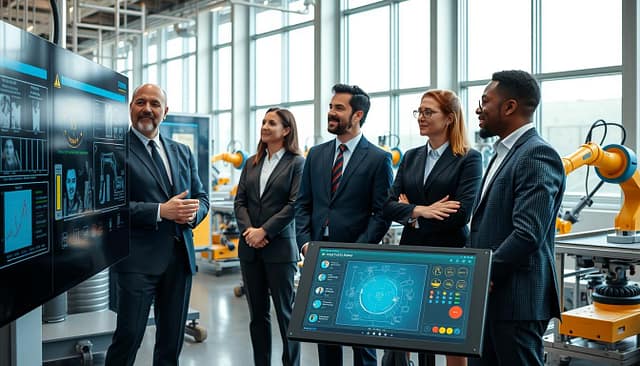 A modern manufacturing training room focused on automation, featuring a diverse group of four individuals in professional business attire, actively engaging with advanced robotic machinery. In the foreground, a trainer gestures towards a large interactive display panel showing real-time data and schematics. The middle section contains various automated assembly lines with robotic arms manipulating components, while a digital interface highlights user-friendly controls. The background showcases large windows allowing natural light to illuminate the space, creating a bright and inviting atmosphere. The overall mood is one of innovation and collaboration, emphasizing the importance of training and support in robotics integration. The scene is captured with a wide-angle lens to emphasize the scale and complexity of the facility. A modern manufacturing training room focused on automation, featuring a diverse group of four individuals in professional business attire, actively engaging with advanced robotic machinery. In the foreground, a trainer gestures towards a large interactive display panel showing real-time data and schematics. The middle section contains various automated assembly lines with robotic arms manipulating components, while a digital interface highlights user-friendly controls. The background showcases large windows allowing natural light to illuminate the space, creating a bright and inviting atmosphere. The overall mood is one of innovation and collaboration, emphasizing the importance of training and support in robotics integration. The scene is captured with a wide-angle lens to emphasize the scale and complexity of the facility.