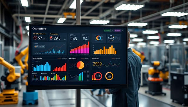 A sleek, futuristic smart manufacturing outcomes dashboard displayed on a high-resolution monitor in a modern industrial workspace. In the foreground, the dashboard features colorful, interactive graphs and metrics showcasing production efficiency, real-time data analytics, and key performance indicators. In the middle ground, a professional in smart business attire is analyzing the data, highlighting the collaborative nature of technology and human expertise. In the background, a well-organized manufacturing floor with robotic arms and advanced machinery illustrates the seamless integration of smart technology. The scene is illuminated by soft, ambient lighting emanating from overhead LED fixtures, creating a productive and innovative atmosphere. The lens captures a slight wide-angle view to emphasize the dashboard's features while maintaining focus on the human element. A sleek, futuristic smart manufacturing outcomes dashboard displayed on a high-resolution monitor in a modern industrial workspace. In the foreground, the dashboard features colorful, interactive graphs and metrics showcasing production efficiency, real-time data analytics, and key performance indicators. In the middle ground, a professional in smart business attire is analyzing the data, highlighting the collaborative nature of technology and human expertise. In the background, a well-organized manufacturing floor with robotic arms and advanced machinery illustrates the seamless integration of smart technology. The scene is illuminated by soft, ambient lighting emanating from overhead LED fixtures, creating a productive and innovative atmosphere. The lens captures a slight wide-angle view to emphasize the dashboard's features while maintaining focus on the human element.