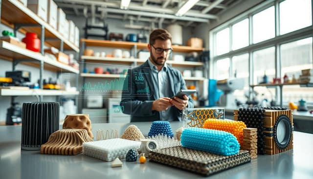 In a well-lit laboratory setting, showcase a close-up view of advanced materials used in custom equipment. In the foreground, display an array of innovative materials such as lightweight composites, advanced alloys, and smart polymers, elegantly arranged on a sleek workbench. In the middle ground, focus on an engineer in professional attire analyzing the properties of these materials using a high-tech handheld device, surrounded by data projections of performance metrics and graphs reflecting strength, durability, and flexibility. In the background, include shelves filled with cutting-edge equipment, colorful molecular models, and testing instruments, all illuminated by bright, natural light filtering through large windows, creating an atmosphere of innovation and progress. Emphasize clarity and professionalism in the composition. In a well-lit laboratory setting, showcase a close-up view of advanced materials used in custom equipment. In the foreground, display an array of innovative materials such as lightweight composites, advanced alloys, and smart polymers, elegantly arranged on a sleek workbench. In the middle ground, focus on an engineer in professional attire analyzing the properties of these materials using a high-tech handheld device, surrounded by data projections of performance metrics and graphs reflecting strength, durability, and flexibility. In the background, include shelves filled with cutting-edge equipment, colorful molecular models, and testing instruments, all illuminated by bright, natural light filtering through large windows, creating an atmosphere of innovation and progress. Emphasize clarity and professionalism in the composition.