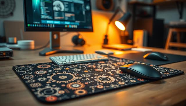 A beautifully designed custom mouse pad showcasing a blend of technical elements and artistic flair, placed prominently in the foreground. The design features a seamless pattern that incorporates gears and circuitry, symbolizing the machinery design process. In the middle ground, a sleek computer setup with a stylish monitor and keyboard complements the mouse pad, emphasizing a productive workspace. The background is softly blurred, featuring hints of a workshop or design studio, suggesting an environment ripe for innovation and improvement. Warm, inviting lighting enhances the mood, creating an atmosphere of focus and creativity. Capture this image from a slightly elevated angle to highlight the details on the mouse pad while giving a sense of depth to the workspace. A beautifully designed custom mouse pad showcasing a blend of technical elements and artistic flair, placed prominently in the foreground. The design features a seamless pattern that incorporates gears and circuitry, symbolizing the machinery design process. In the middle ground, a sleek computer setup with a stylish monitor and keyboard complements the mouse pad, emphasizing a productive workspace. The background is softly blurred, featuring hints of a workshop or design studio, suggesting an environment ripe for innovation and improvement. Warm, inviting lighting enhances the mood, creating an atmosphere of focus and creativity. Capture this image from a slightly elevated angle to highlight the details on the mouse pad while giving a sense of depth to the workspace.