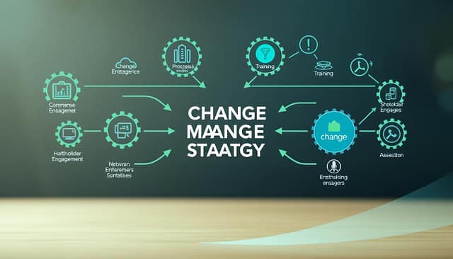 A detailed and visually engaging change management strategy diagram, featuring interconnected elements like arrows and icons representing different strategies such as communication, training, stakeholder engagement, and risk assessment. The foreground highlights specific components like gears symbolizing process changes and arrows indicating flow direction. In the middle, use colors like blue and green to denote stability and growth, with visual metaphors such as trees or pathways symbolizing progress. The background should be a soft gradient to maintain focus on the diagram, with subtle lighting that gives a professional, clean look. The overall mood should be optimistic and organized, reflecting the systematic approach to managing change in an enterprise environment. Ensure there are no captions or text overlays. A detailed and visually engaging change management strategy diagram, featuring interconnected elements like arrows and icons representing different strategies such as communication, training, stakeholder engagement, and risk assessment. The foreground highlights specific components like gears symbolizing process changes and arrows indicating flow direction. In the middle, use colors like blue and green to denote stability and growth, with visual metaphors such as trees or pathways symbolizing progress. The background should be a soft gradient to maintain focus on the diagram, with subtle lighting that gives a professional, clean look. The overall mood should be optimistic and organized, reflecting the systematic approach to managing change in an enterprise environment. Ensure there are no captions or text overlays.