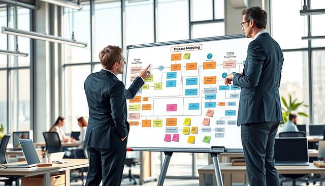 A detailed illustration of process mapping in a real-world context, featuring two professionals in business attire standing beside a large, colorful flowchart displayed on a whiteboard. In the foreground, the individuals are engaged in discussion, pointing to various elements of the flowchart, which outlines a manufacturing process. The middle ground includes a bustling office environment with desks, laptops, and sticky notes, emphasizing collaboration. In the background, large windows allow natural light to spill into the room, casting soft shadows and creating a productive atmosphere. The image conveys a sense of teamwork and problem-solving, emphasizing the importance of process mapping in identifying bottlenecks. The overall tone is professional and focused, reflecting a dynamic workplace. A detailed illustration of process mapping in a real-world context, featuring two professionals in business attire standing beside a large, colorful flowchart displayed on a whiteboard. In the foreground, the individuals are engaged in discussion, pointing to various elements of the flowchart, which outlines a manufacturing process. The middle ground includes a bustling office environment with desks, laptops, and sticky notes, emphasizing collaboration. In the background, large windows allow natural light to spill into the room, casting soft shadows and creating a productive atmosphere. The image conveys a sense of teamwork and problem-solving, emphasizing the importance of process mapping in identifying bottlenecks. The overall tone is professional and focused, reflecting a dynamic workplace.