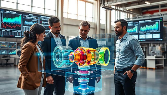 A dynamic workspace illustrating virtual commissioning and cost savings in machinery engineering. In the foreground, a diverse team of three professionals—two engineers in smart business attire and a project manager in modest casual clothing—are collaborating around a holographic display of a digital twin model. In the middle, the holographic model showcases intricate machinery components in vibrant colors, representing real-time data and optimization pathways. The background features a modern engineering facility with large screens displaying graphs and cost analyses, bathed in bright, natural light from large windows. The atmosphere is one of innovation and collaboration, emphasizing efficiency and forward-thinking solutions. Use a wide-angle lens to capture the entirety of this high-tech environment, conveying a sense of urgency and progress. A dynamic workspace illustrating virtual commissioning and cost savings in machinery engineering. In the foreground, a diverse team of three professionals—two engineers in smart business attire and a project manager in modest casual clothing—are collaborating around a holographic display of a digital twin model. In the middle, the holographic model showcases intricate machinery components in vibrant colors, representing real-time data and optimization pathways. The background features a modern engineering facility with large screens displaying graphs and cost analyses, bathed in bright, natural light from large windows. The atmosphere is one of innovation and collaboration, emphasizing efficiency and forward-thinking solutions. Use a wide-angle lens to capture the entirety of this high-tech environment, conveying a sense of urgency and progress.