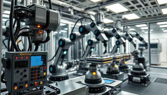 A futuristic robotics cell designed for advanced manufacturing, prominently featuring a network of robotic arms working in perfect synchronization. In the foreground, a detailed close-up of intricate machinery components, including a compact safety PLC and a sleek HMI interface. The middle section showcases a broader view of the robotics cell with automated assembly lines, glowing with soft, ambient LED lighting that highlights the metallic surfaces. The background reveals a glass-walled cleanroom environment with sterile white walls and high-tech control systems, softly lit by overhead fluorescents. The atmosphere is one of precision and innovation, evoking a sense of cutting-edge technology at work in a clean, efficient setting, captured with a wide-angle lens for depth. A futuristic robotics cell designed for advanced manufacturing, prominently featuring a network of robotic arms working in perfect synchronization. In the foreground, a detailed close-up of intricate machinery components, including a compact safety PLC and a sleek HMI interface. The middle section showcases a broader view of the robotics cell with automated assembly lines, glowing with soft, ambient LED lighting that highlights the metallic surfaces. The background reveals a glass-walled cleanroom environment with sterile white walls and high-tech control systems, softly lit by overhead fluorescents. The atmosphere is one of precision and innovation, evoking a sense of cutting-edge technology at work in a clean, efficient setting, captured with a wide-angle lens for depth.