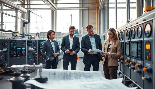 A modern industrial facility showcasing a pilot project for plant upgrades, focusing on advanced technology integration. In the foreground, a small team of diverse engineers, dressed in professional business attire, collaborates over blueprints and digital devices, analyzing data on a tablet. In the middle ground, upgraded machinery and control panels are visible, displaying high-tech gauges and screens with colorful lights, emphasizing modernization. The background features a large window revealing a bright, sunny day, adding a sense of optimism. Use soft, natural lighting to create a welcoming atmosphere, with a slight focus on the engineers for depth. Capture the scene from a slightly low angle to emphasize the scale of the plant and its innovations, conveying a sense of progress and efficiency. A modern industrial facility showcasing a pilot project for plant upgrades, focusing on advanced technology integration. In the foreground, a small team of diverse engineers, dressed in professional business attire, collaborates over blueprints and digital devices, analyzing data on a tablet. In the middle ground, upgraded machinery and control panels are visible, displaying high-tech gauges and screens with colorful lights, emphasizing modernization. The background features a large window revealing a bright, sunny day, adding a sense of optimism. Use soft, natural lighting to create a welcoming atmosphere, with a slight focus on the engineers for depth. Capture the scene from a slightly low angle to emphasize the scale of the plant and its innovations, conveying a sense of progress and efficiency.