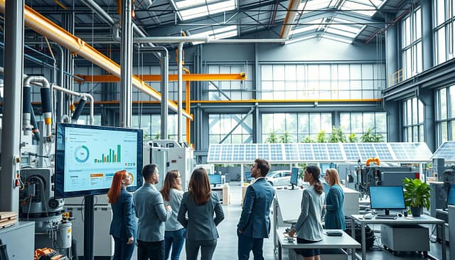 A modern industrial plant interior, showcasing an advanced optimization process. In the foreground, a team of diverse professionals in smart business attire collaborates around a digital display with interactive charts and graphs. The middle ground features large machinery and polished workstations, with equipment reflecting efficient energy use. The background reveals solar panels and green installations through large windows, bathing the space in natural light. Use a wide-angle lens to capture the depth of the plant, emphasizing a busy yet organized atmosphere. The overall mood should convey innovation and teamwork, highlighting productivity gains through technical consulting strategies. Bright, clear lighting enhances the professional setting, creating a sense of clarity and focus. A modern industrial plant interior, showcasing an advanced optimization process. In the foreground, a team of diverse professionals in smart business attire collaborates around a digital display with interactive charts and graphs. The middle ground features large machinery and polished workstations, with equipment reflecting efficient energy use. The background reveals solar panels and green installations through large windows, bathing the space in natural light. Use a wide-angle lens to capture the depth of the plant, emphasizing a busy yet organized atmosphere. The overall mood should convey innovation and teamwork, highlighting productivity gains through technical consulting strategies. Bright, clear lighting enhances the professional setting, creating a sense of clarity and focus.