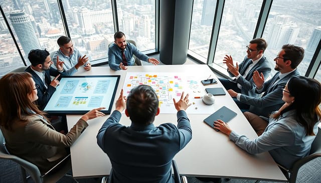 A modern office setting focused on collaborative communication solutions, featuring a diverse group of professionals seated around a sleek conference table, engaged in a lively discussion. In the foreground, a diverse team of engineers and clients, dressed in professional business attire, gestures animatedly while pointing at interactive digital displays showing project concepts and flowcharts. The middle section highlights a whiteboard filled with brainstorming ideas and colorful post-it notes, symbolizing collaboration. The background features a large window with a view of a city skyline, allowing natural light to flood the space, creating a bright and energetic atmosphere. The overall mood is one of collaboration, creativity, and problem-solving, captured with a high-angle perspective to encompass the entire scene while maintaining focus on the participants’ interactions. A modern office setting focused on collaborative communication solutions, featuring a diverse group of professionals seated around a sleek conference table, engaged in a lively discussion. In the foreground, a diverse team of engineers and clients, dressed in professional business attire, gestures animatedly while pointing at interactive digital displays showing project concepts and flowcharts. The middle section highlights a whiteboard filled with brainstorming ideas and colorful post-it notes, symbolizing collaboration. The background features a large window with a view of a city skyline, allowing natural light to flood the space, creating a bright and energetic atmosphere. The overall mood is one of collaboration, creativity, and problem-solving, captured with a high-angle perspective to encompass the entire scene while maintaining focus on the participants’ interactions.