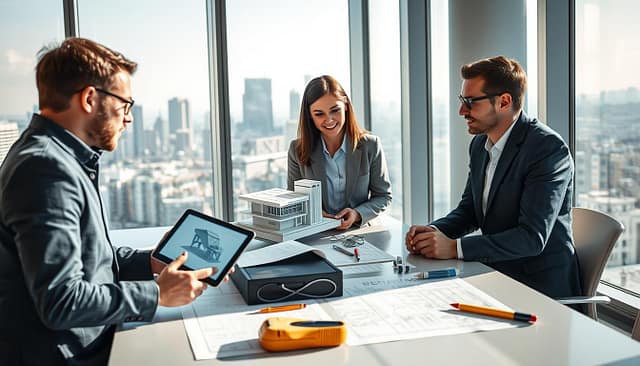 A professional collaboration scene depicting a successful engineering project. In the foreground, a diverse group of three professionals in business attire—two men and one woman—are intently discussing a 3D model displayed on a digital tablet. The middle layer features a high-tech workspace with design blueprints, technical drawings, and tools scattered across a sleek conference table. The background shows large windows overlooking a city skyline, with sunlight streaming in, creating a bright and inspiring atmosphere. Soft shadows add depth, while the color palette reflects a blend of blues and whites for a clean, modern feel. Capture a sense of achievement and teamwork in a vibrant and motivating setting. A professional collaboration scene depicting a successful engineering project. In the foreground, a diverse group of three professionals in business attire—two men and one woman—are intently discussing a 3D model displayed on a digital tablet. The middle layer features a high-tech workspace with design blueprints, technical drawings, and tools scattered across a sleek conference table. The background shows large windows overlooking a city skyline, with sunlight streaming in, creating a bright and inspiring atmosphere. Soft shadows add depth, while the color palette reflects a blend of blues and whites for a clean, modern feel. Capture a sense of achievement and teamwork in a vibrant and motivating setting.