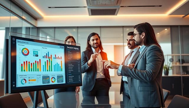 A professional office environment as the backdrop, showcasing a sleek, modern conference room. In the foreground, a high-tech decision-making analysis board filled with colorful charts and graphs visualizing the Total Cost of Ownership (TCO) of various technologies, with indicators, arrows, and numerical data clearly presented. Middle ground features a diverse team of four professionals in business attire—two women and two men—engaged in discussion, pointing at the analysis. Soft, ambient lighting casts a warm glow, creating a focused atmosphere. The camera angle is slightly overhead, emphasizing both the decision tools and the collaborative spirit of the team. Clean lines and a minimalist design evoke a sense of clarity and professionalism. A professional office environment as the backdrop, showcasing a sleek, modern conference room. In the foreground, a high-tech decision-making analysis board filled with colorful charts and graphs visualizing the Total Cost of Ownership (TCO) of various technologies, with indicators, arrows, and numerical data clearly presented. Middle ground features a diverse team of four professionals in business attire—two women and two men—engaged in discussion, pointing at the analysis. Soft, ambient lighting casts a warm glow, creating a focused atmosphere. The camera angle is slightly overhead, emphasizing both the decision tools and the collaborative spirit of the team. Clean lines and a minimalist design evoke a sense of clarity and professionalism.
