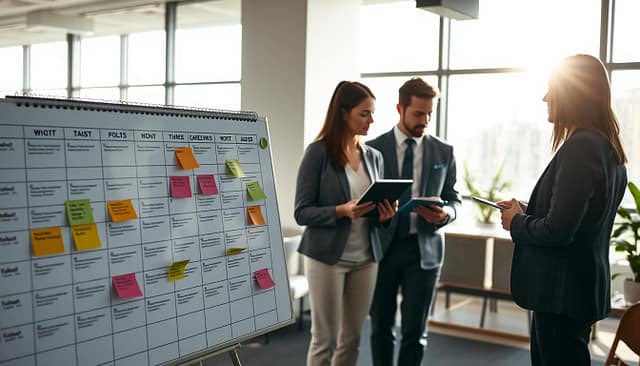 A professional office environment showcasing a well-organized plant audit timeframe and scheduling board. In the foreground, a large, detailed calendar with color-coded sections indicating different phases of the audit process; sticky notes and markers scattered around, emphasizing activity and planning. In the middle, a business consultant in professional attire, holding a tablet, engaged in discussion with a client, both focused on the scheduling board. In the background, large windows allowing natural light to pour in, creating a bright and inviting atmosphere. Soft shadows cast across the room, enhancing a sense of professionalism and productivity. The mood is collaborative and forward-thinking, representing a structured approach to timeframe expectations in a consultation. A professional office environment showcasing a well-organized plant audit timeframe and scheduling board. In the foreground, a large, detailed calendar with color-coded sections indicating different phases of the audit process; sticky notes and markers scattered around, emphasizing activity and planning. In the middle, a business consultant in professional attire, holding a tablet, engaged in discussion with a client, both focused on the scheduling board. In the background, large windows allowing natural light to pour in, creating a bright and inviting atmosphere. Soft shadows cast across the room, enhancing a sense of professionalism and productivity. The mood is collaborative and forward-thinking, representing a structured approach to timeframe expectations in a consultation.