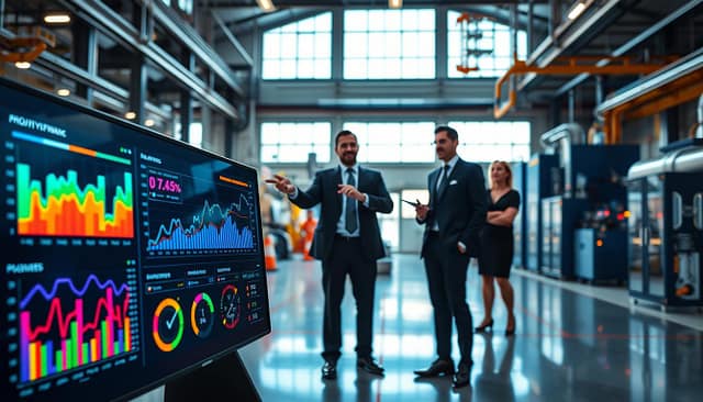 A sleek, modern KPI dashboard displaying real-time analytics for monitoring plant upgrades. The dashboard is positioned prominently in the foreground, showcasing vibrant graphs, metrics, and gauges, all illuminated by dynamic, colorful lighting. In the middle ground, several professional individuals in business attire are engaged in discussion, pointing at the dashboard, with a look of concentration and collaboration. The background features a high-tech industrial plant with machinery and large windows letting in natural light, enhancing the ambiance. The overall atmosphere conveys a sense of productivity and innovation, emphasizing the importance of visualization tools in achieving success. The setting is sharp and clear, with a wide-angle perspective to capture the spacious environment. A sleek, modern KPI dashboard displaying real-time analytics for monitoring plant upgrades. The dashboard is positioned prominently in the foreground, showcasing vibrant graphs, metrics, and gauges, all illuminated by dynamic, colorful lighting. In the middle ground, several professional individuals in business attire are engaged in discussion, pointing at the dashboard, with a look of concentration and collaboration. The background features a high-tech industrial plant with machinery and large windows letting in natural light, enhancing the ambiance. The overall atmosphere conveys a sense of productivity and innovation, emphasizing the importance of visualization tools in achieving success. The setting is sharp and clear, with a wide-angle perspective to capture the spacious environment.