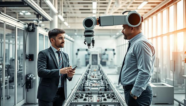 A sleek, modern assembly line integrated with advanced modular robotics, showcasing various interchangeable components designed for scalability. In the foreground, a pair of engineers in professional business attire examine a robotic arm, discussing its adaptability features. The middle ground features a clean, illuminated workspace with machinery parts neatly organized, highlighting smooth connections and easy upgrades. In the background, a transparent wall shows an expansive cleanroom environment, emphasizing hygiene and precision. The scene is lit with natural daylight streaming from large windows, creating a bright, optimistic atmosphere. Capture this from a slightly elevated angle to emphasize both the machinery and the collaboration between the engineers, showcasing innovation in assembly automation. A sleek, modern assembly line integrated with advanced modular robotics, showcasing various interchangeable components designed for scalability. In the foreground, a pair of engineers in professional business attire examine a robotic arm, discussing its adaptability features. The middle ground features a clean, illuminated workspace with machinery parts neatly organized, highlighting smooth connections and easy upgrades. In the background, a transparent wall shows an expansive cleanroom environment, emphasizing hygiene and precision. The scene is lit with natural daylight streaming from large windows, creating a bright, optimistic atmosphere. Capture this from a slightly elevated angle to emphasize both the machinery and the collaboration between the engineers, showcasing innovation in assembly automation.